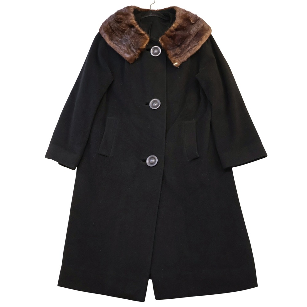 Brentshire Womens M Black Cashmere Coat Brown Fur Collar Vintage 60s ILGWU
